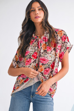 Pink Floral Print Short Sleeve Boho Blouse