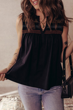 Black Shirred Yoke Notched V Neck Tank Top