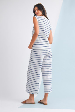 Sail Blue Casual Striped Tee and Wide Leg Pants Set