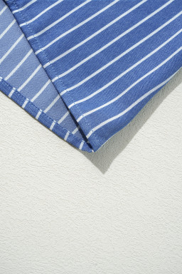 Sky Blue Stripe Frilly Split Neck Shirred Ruffle Sleeve Mini Shift Dress