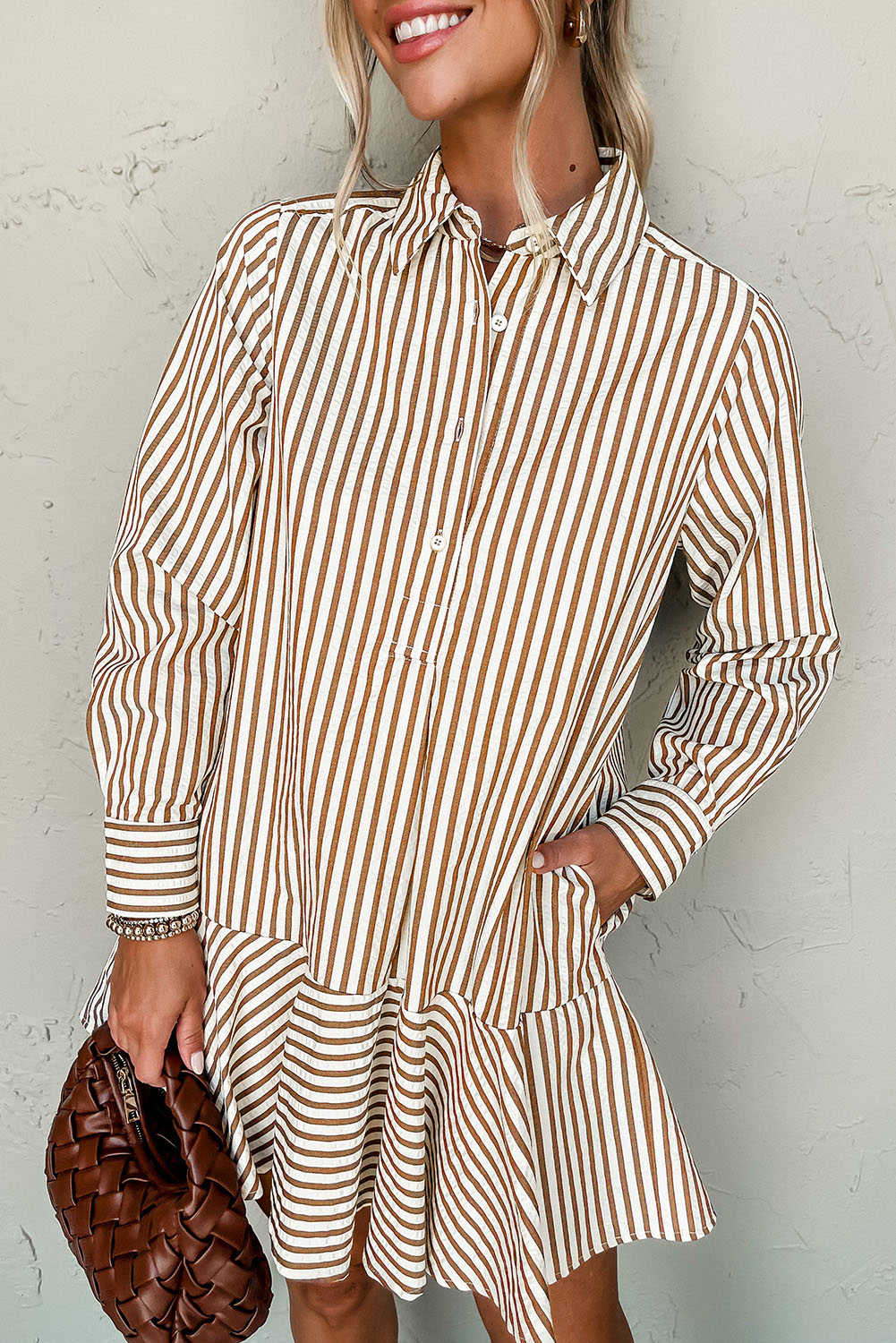 Brown Stripe Ruffle Hem Collared Long Sleeve Shirt Mini Dress