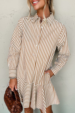 Brown Stripe Ruffle Hem Collared Long Sleeve Shirt Mini Dress