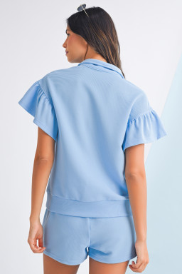 Beau Blue Solid Ribbed Short Sleeve Tee and Shorts Set