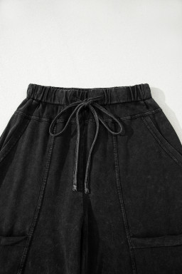 Black Mineral Wash Exposed Seam Wide Leg Cargo Pants