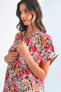Pink Floral Print Short Sleeve Boho Blouse