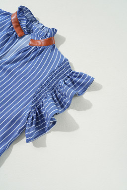 Sky Blue Stripe Frilly Split Neck Shirred Ruffle Sleeve Mini Shift Dress