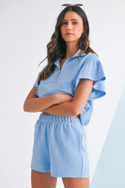 Beau Blue Solid Ribbed Short Sleeve Tee and Shorts Set