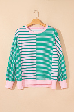 Green Stripe Colorblock Patchwork Side Split Sweatshirt