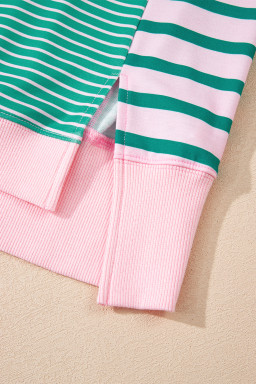 Green Stripe Colorblock Patchwork Side Split Sweatshirt