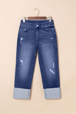 Real Teal Folded Cuffs Distressed High Waist Jeans