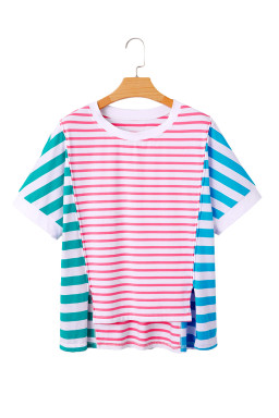 Pink Striped Patchwork Exposed Seam Loose Tee