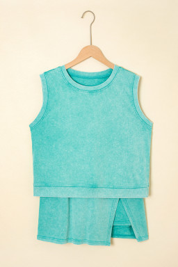 Mint Green 2 Pieces Mineral Wash Cotton Tank Top Lined Split Skort Set