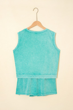 Mint Green 2 Pieces Mineral Wash Cotton Tank Top Lined Split Skort Set