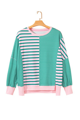 Green Stripe Colorblock Patchwork Side Split Sweatshirt
