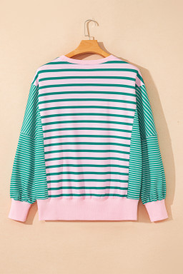 Green Stripe Colorblock Patchwork Side Split Sweatshirt