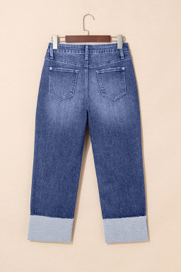 Real Teal Folded Cuffs Distressed High Waist Jeans