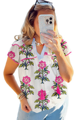 Rose Vintage Floral Print Notched V Neck Plus Size Blouse