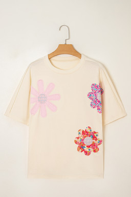 Apricot Flower Patched Exposed Stitching Trim Loose Tee