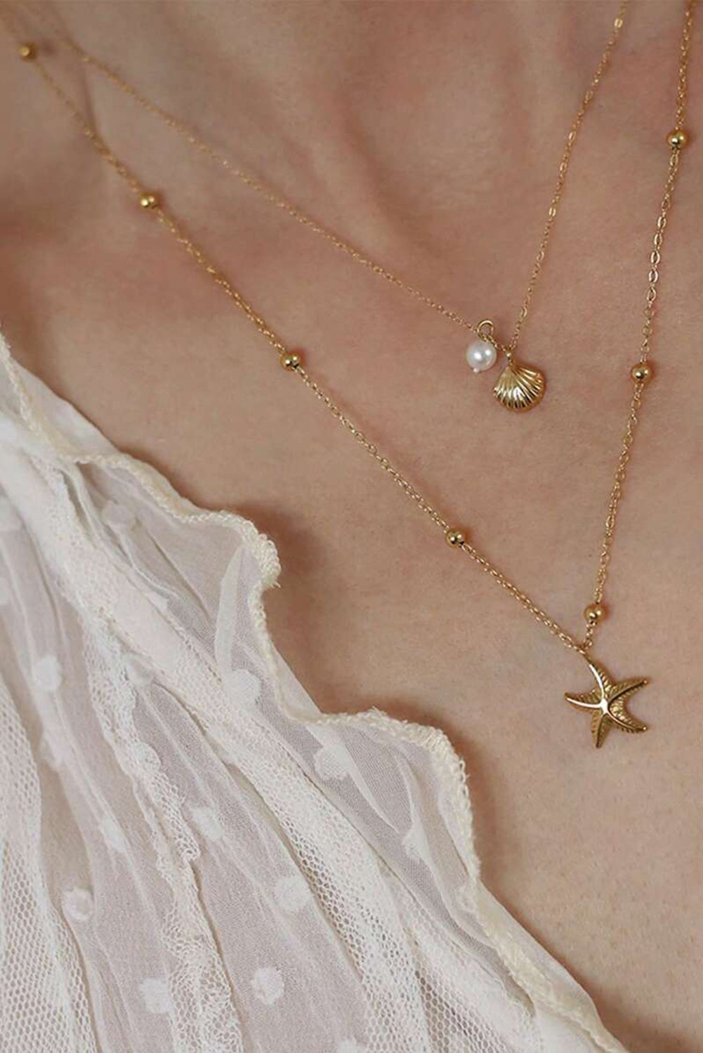 Gold Starfish Shell Pearl Pendant Double Layer Chain Necklace