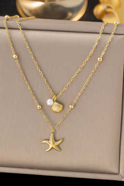 Gold Starfish Shell Pearl Pendant Double Layer Chain Necklace