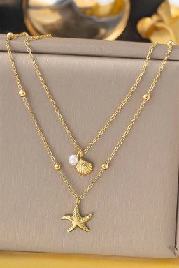 Gold Starfish Shell Pearl Pendant Double Layer Chain Necklace