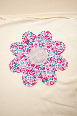 Apricot Flower Patched Exposed Stitching Trim Loose Tee