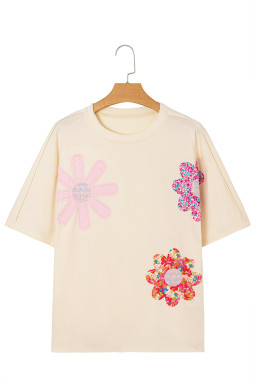 Apricot Flower Patched Exposed Stitching Trim Loose Tee