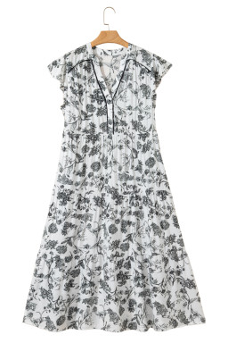 Black Floral Print Piping Trim Notched Neck Ruffle Sleeve Plus Size Dress