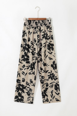 Khaki Floral Smocked Frill Waist Wide Leg Pants