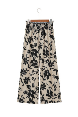 Khaki Floral Smocked Frill Waist Wide Leg Pants