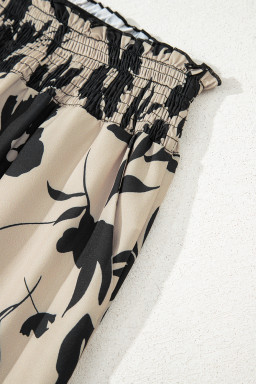 Khaki Floral Smocked Frill Waist Wide Leg Pants