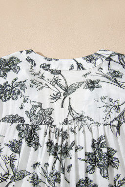 Black Floral Print Piping Trim Notched Neck Ruffle Sleeve Plus Size Dress