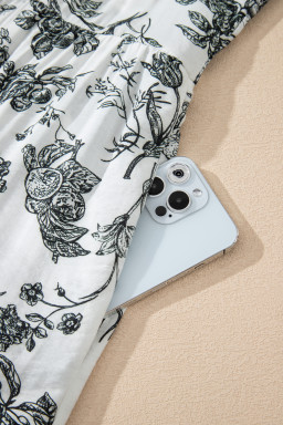 Black Floral Print Piping Trim Notched Neck Ruffle Sleeve Plus Size Dress