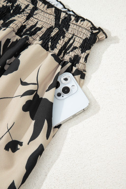 Khaki Floral Smocked Frill Waist Wide Leg Pants