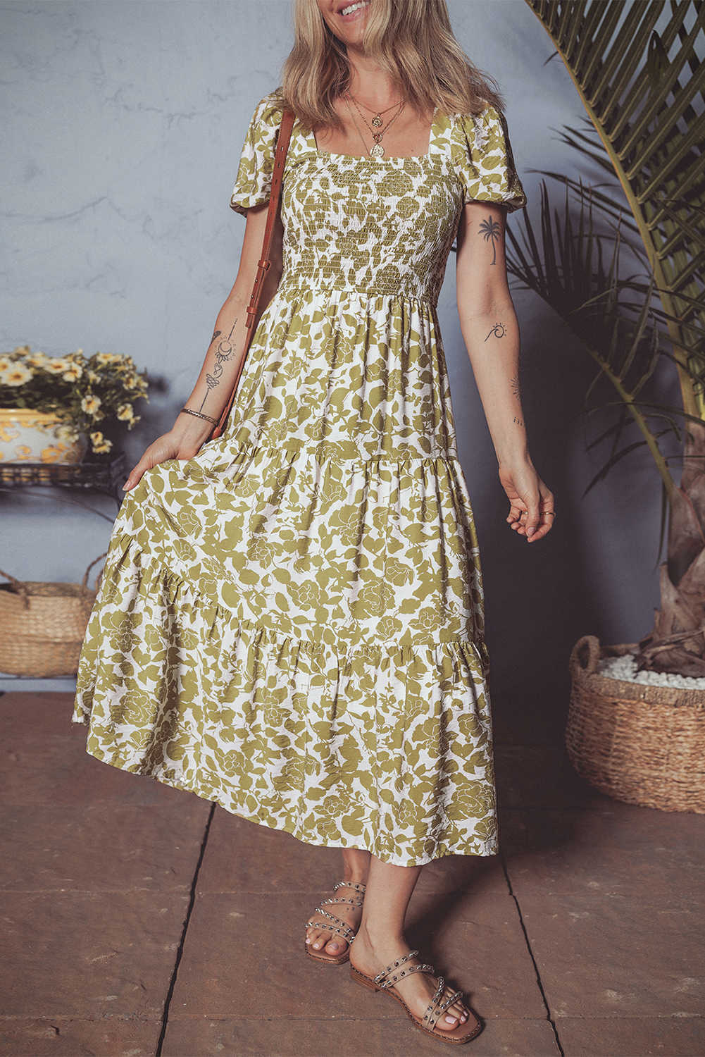 Yellow Boho Floral Print Square Neck Puff Sleeve Tiered Maxi Dress