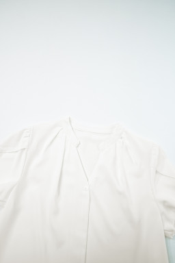 White Button Notched Neck Petal Sleeve Blouse