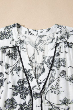 Black Floral Print Piping Trim Notched Neck Ruffle Sleeve Plus Size Dress