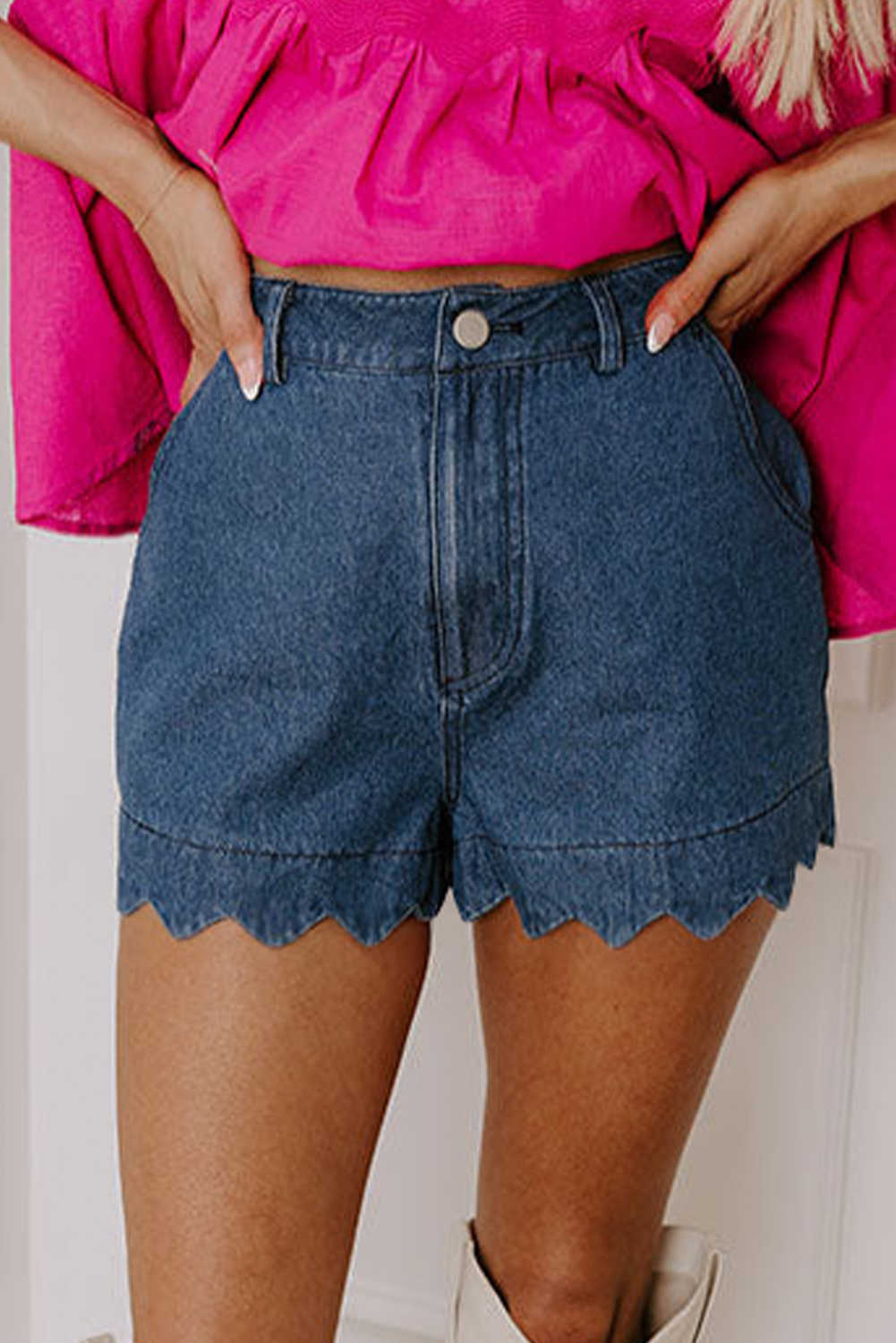 Sail Blue Scalloped Hemline Light Wash Denim Shorts