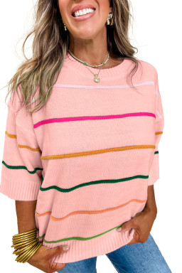 Pink Striped Half Sleeve Drop Shoulder Sweater