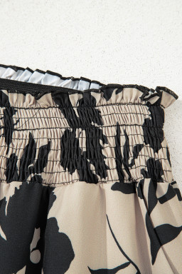 Khaki Floral Smocked Frill Waist Wide Leg Pants