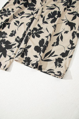 Khaki Floral Smocked Frill Waist Wide Leg Pants