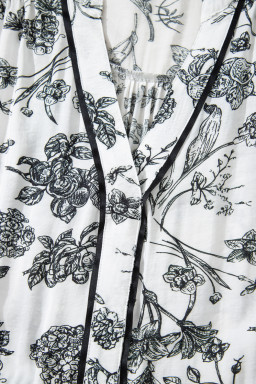 Black Floral Print Piping Trim Notched Neck Ruffle Sleeve Plus Size Dress