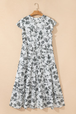 Black Floral Print Piping Trim Notched Neck Ruffle Sleeve Plus Size Dress