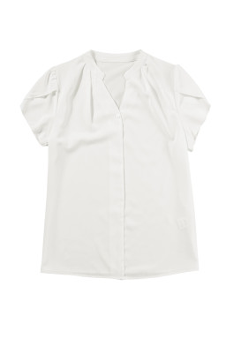 White Button Notched Neck Petal Sleeve Blouse
