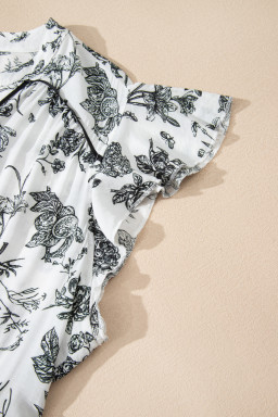 Black Floral Print Piping Trim Notched Neck Ruffle Sleeve Plus Size Dress