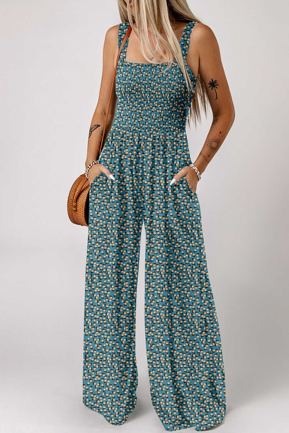 Green Floral Square Neckline Stretch High Waist Jumpsuit