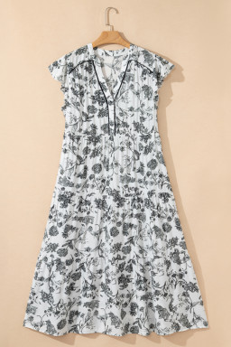 Black Floral Print Piping Trim Notched Neck Ruffle Sleeve Plus Size Dress