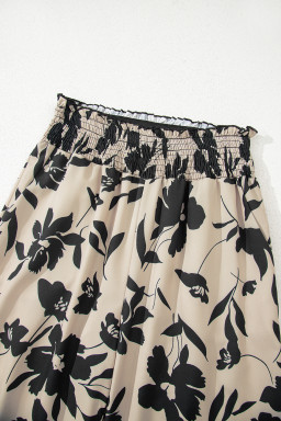 Khaki Floral Smocked Frill Waist Wide Leg Pants