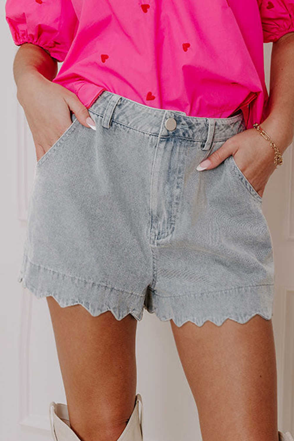 Dusk Blue Scalloped Hemline Light Wash Denim Shorts