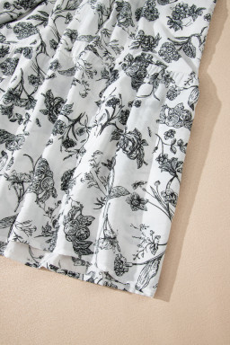 Black Floral Print Piping Trim Notched Neck Ruffle Sleeve Plus Size Dress